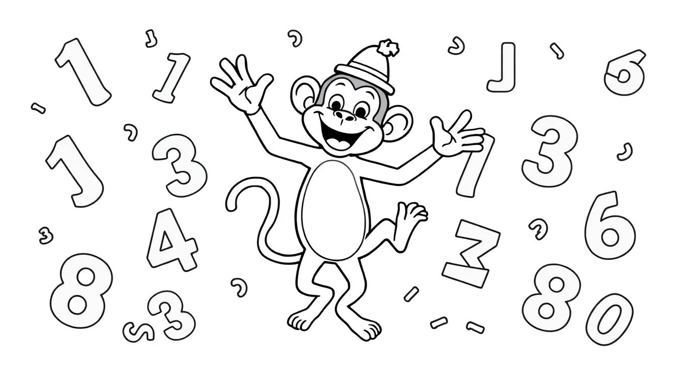 Zwart-wit kleurplaat van een cartoon aap met een hoed die danst tussen cijfers.