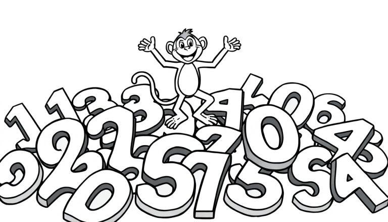 Een vrolijke kleurplaat van een aap op cijfers.