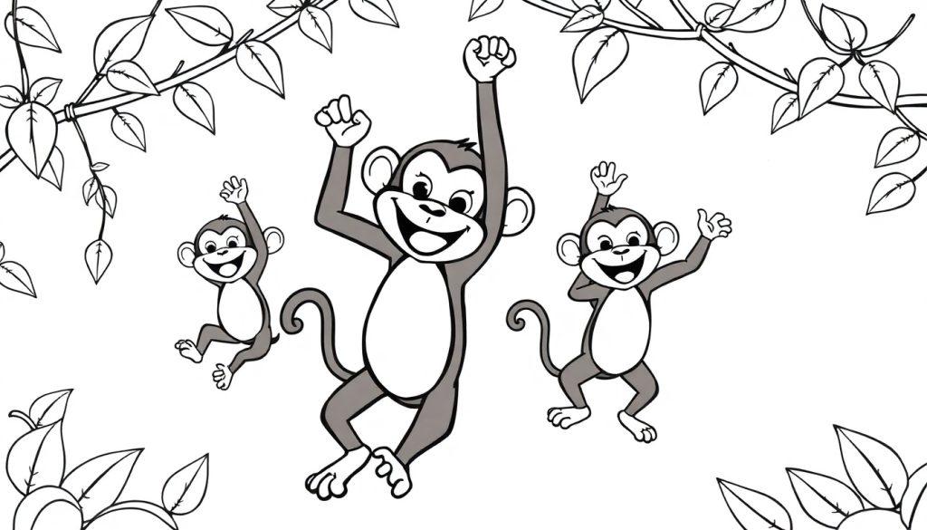 Zwart-wit kleurplaat van drie vrolijke apen die dansen aan lianen in de jungle.