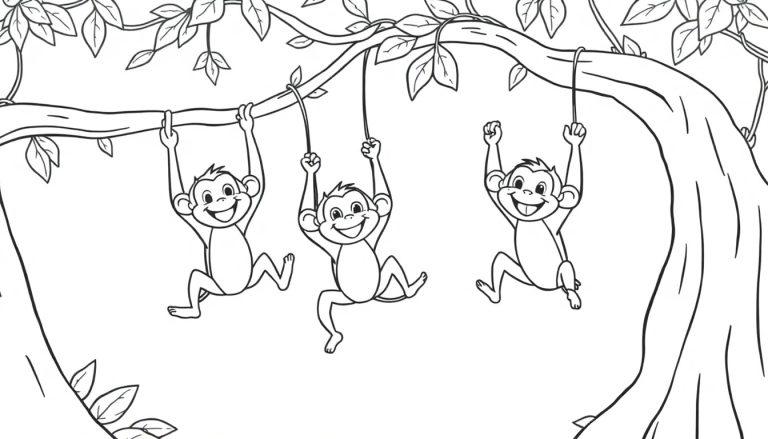Kleurplaat van drie lachende aapjes die slingeren in een jungle.