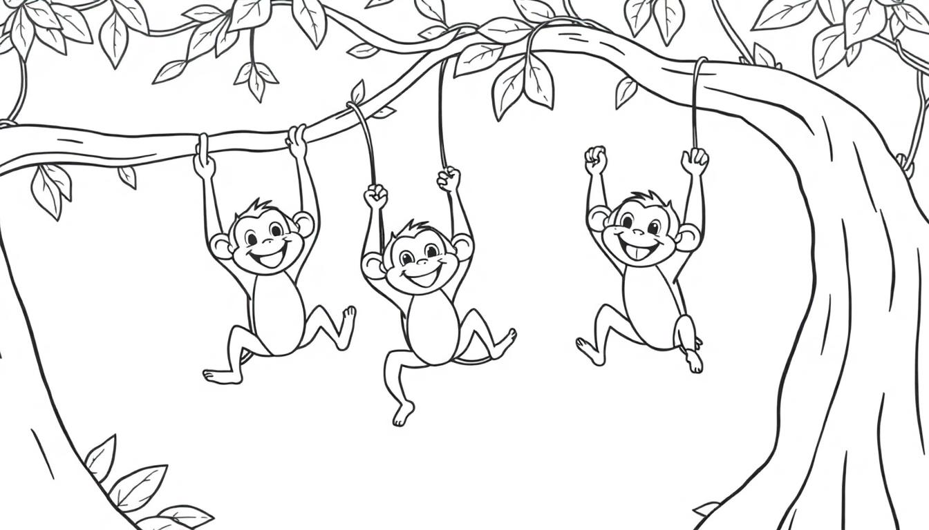 Kleurplaat van drie lachende aapjes die slingeren in een jungle.