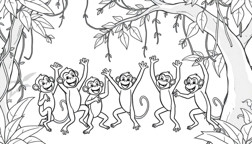Kleurplaat: Vrolijke slingerapen in de jungle