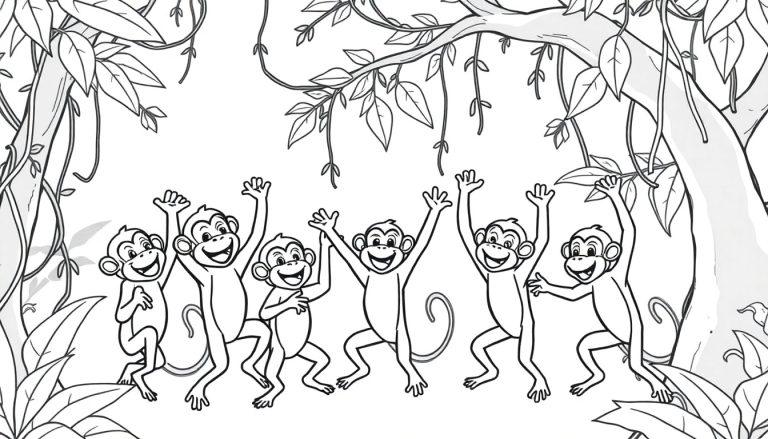 Kleurplaat: Vrolijke slingerapen in de jungle