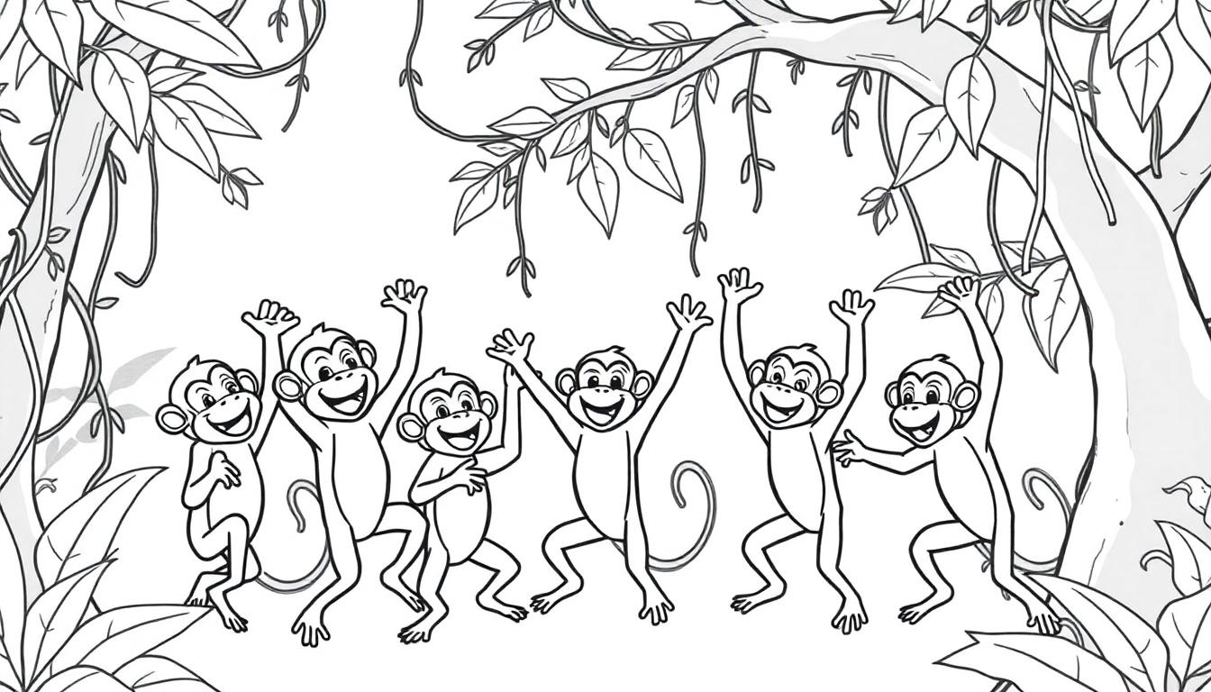 Kleurplaat: Vrolijke slingerapen in de jungle