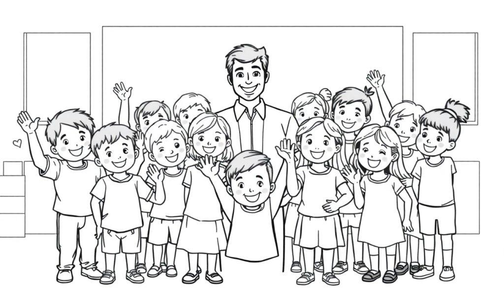 Een zwart-wit kleurplaat van een leraar en kinderen die lachen en zwaaien.