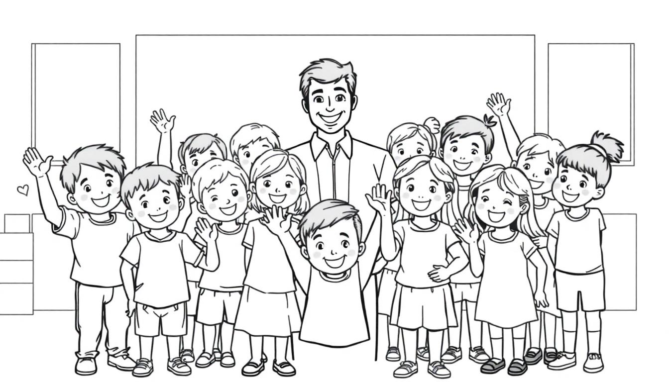 Een zwart-wit kleurplaat van een leraar en kinderen die lachen en zwaaien.