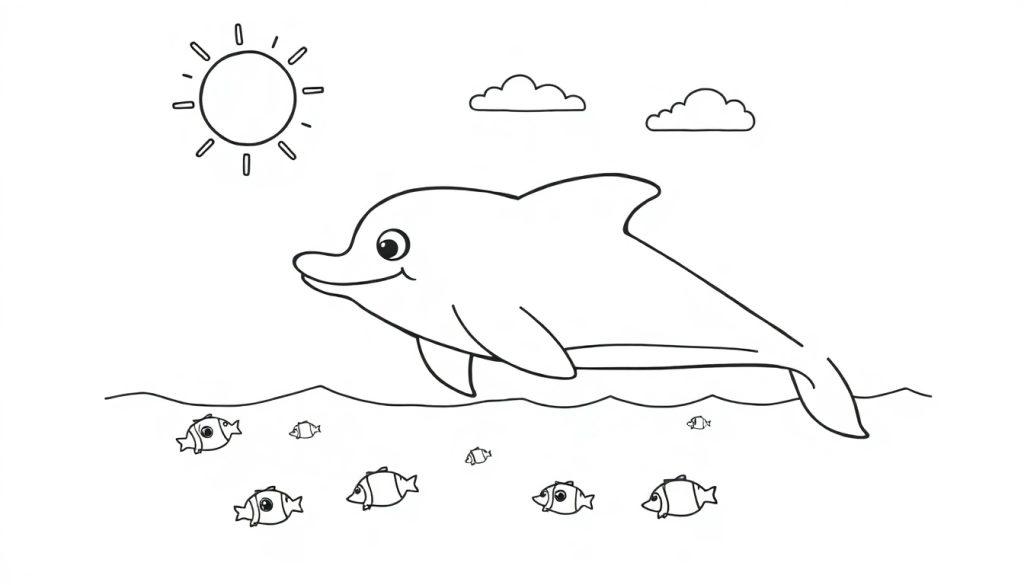 Zwart-wit kleurplaat van een blije dolfijn zwemmend onder de zon met vissen