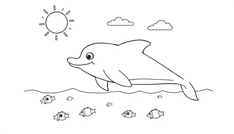 Zwart-wit kleurplaat van een blije dolfijn zwemmend onder de zon met vissen