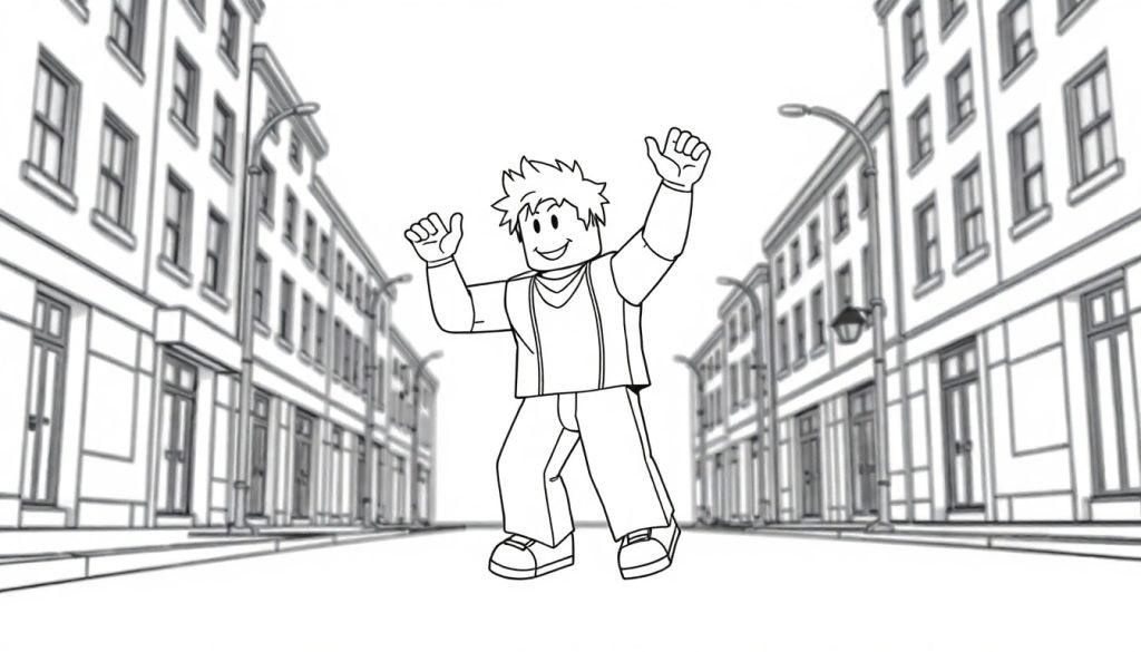 Kleurplaat van een Roblox-personage dat danst op straat.