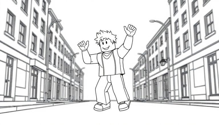 Kleurplaat van een Roblox-personage dat danst op straat.