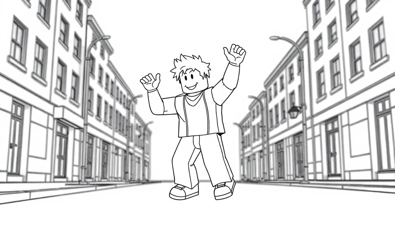 Kleurplaat van een Roblox-personage dat danst op straat.