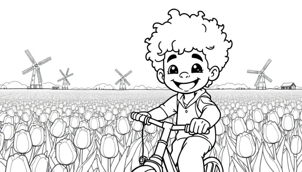 Kleurplaat van een jongen op een fiets in een tulpenveld met molens en Stitch.
