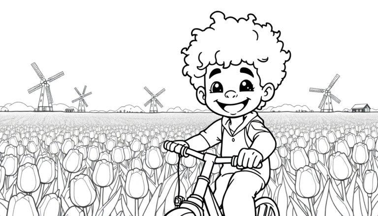 Kleurplaat van een jongen op een fiets in een tulpenveld met molens en Stitch.
