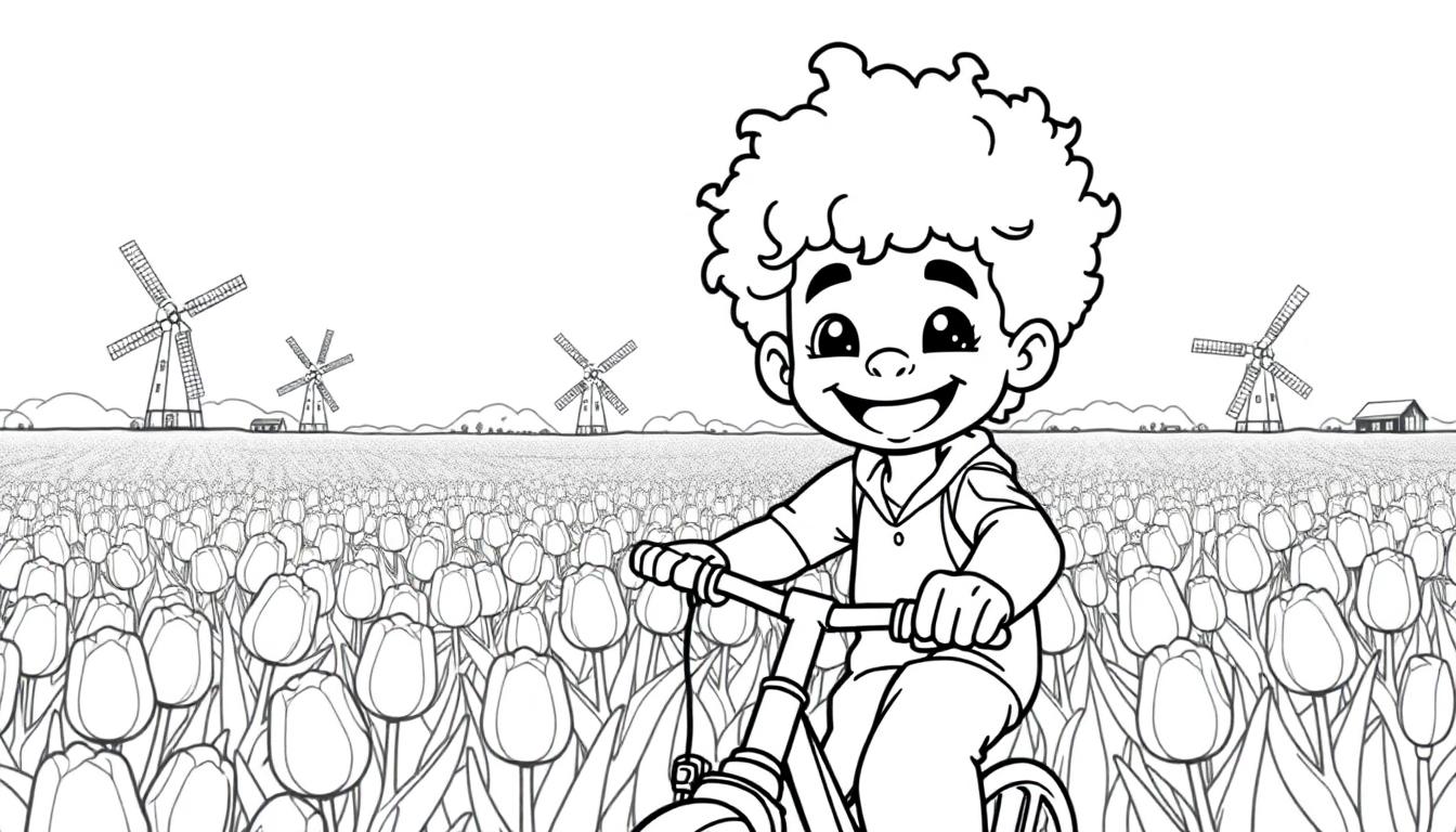 Kleurplaat van een jongen op een fiets in een tulpenveld met molens en Stitch.