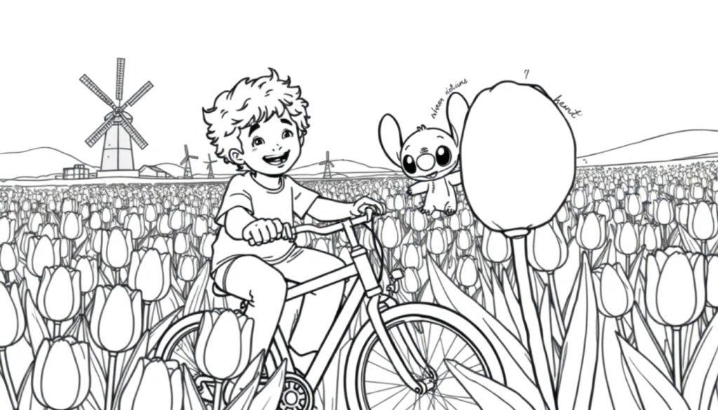 Kleurplaat: Vrolijk jongetje op de fiets met Stitch in een Nederlands tulpenveld met windmolens.