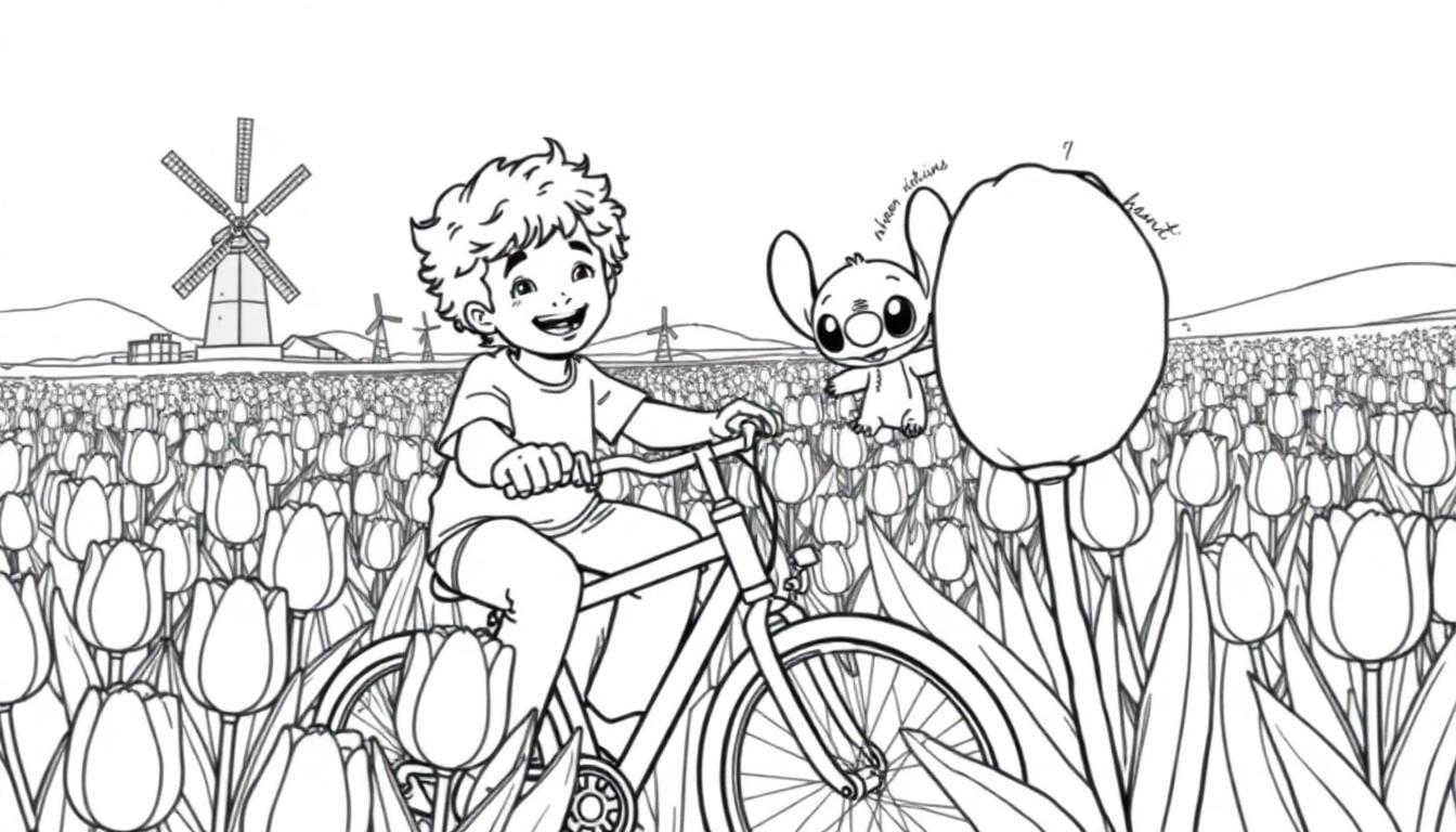 Kleurplaat: Vrolijk jongetje op de fiets met Stitch in een Nederlands tulpenveld met windmolens.