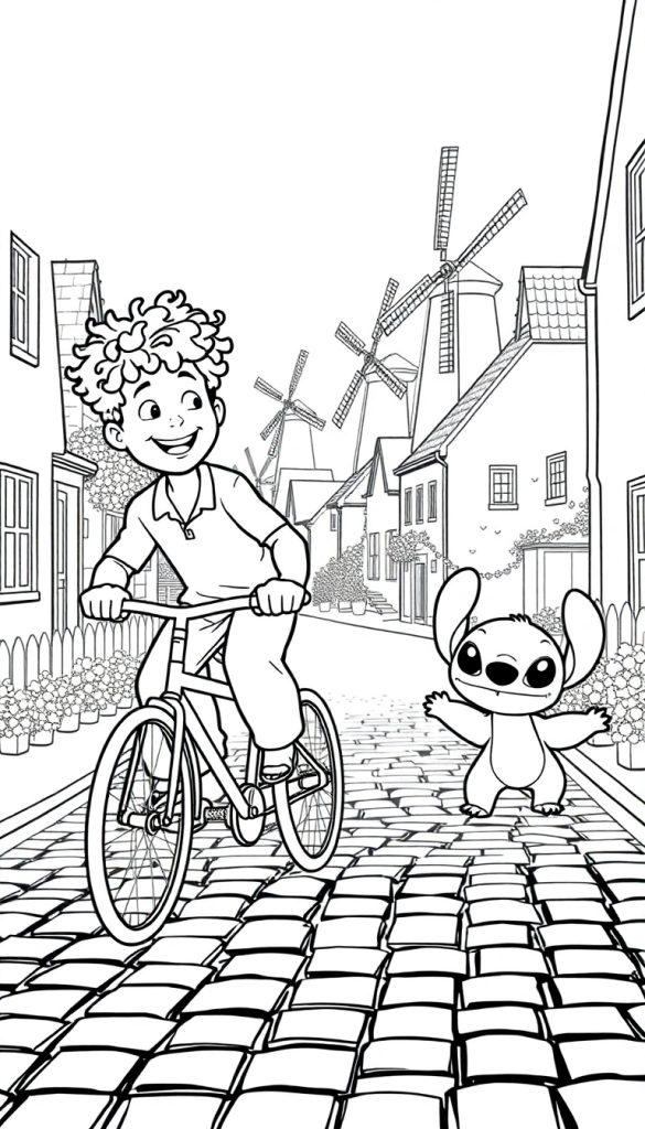 Kleurplaat van een jongen met krullend haar op een fiets, naast een Stitch-achtig personage, in een Hollandse straat met molens.