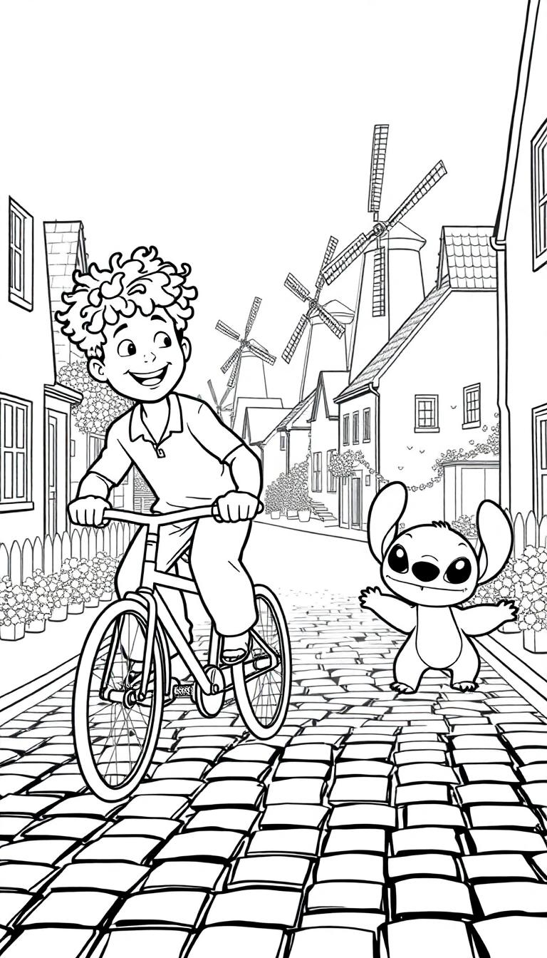 Kleurplaat van een jongen met krullend haar op een fiets, naast een Stitch-achtig personage, in een Hollandse straat met molens.