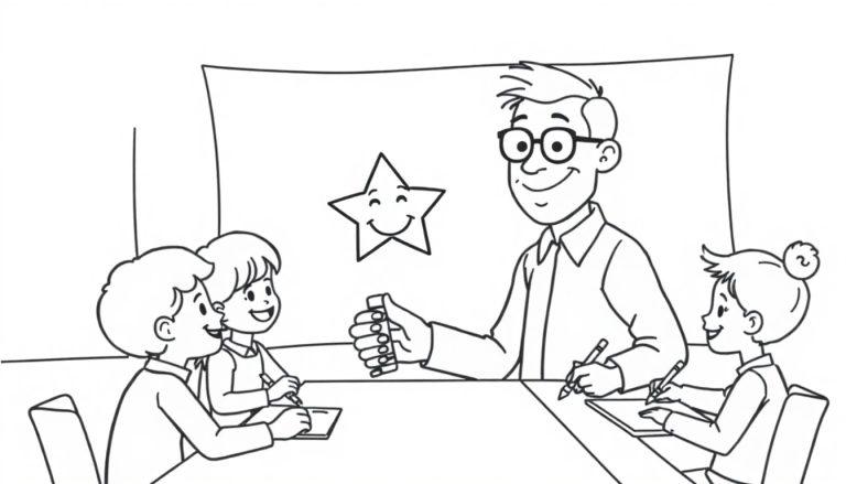 Kleurplaat van Meester Filip in 2A met een ster op het bord.