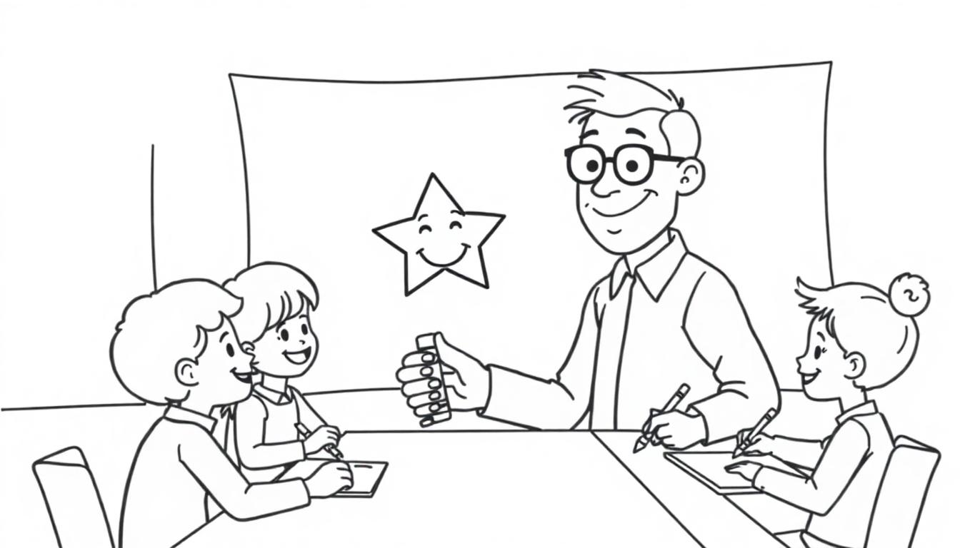 Kleurplaat van Meester Filip in 2A met een ster op het bord.