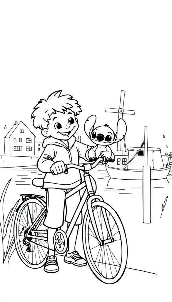 Kleurplaat: Jongen met krullend haar en Stitch op de fiets in Nederland.