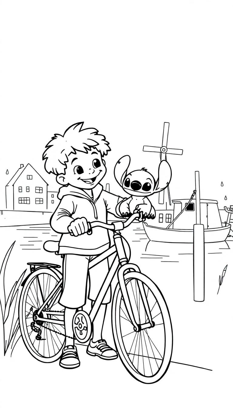 Kleurplaat: Jongen met krullend haar en Stitch op de fiets in Nederland.