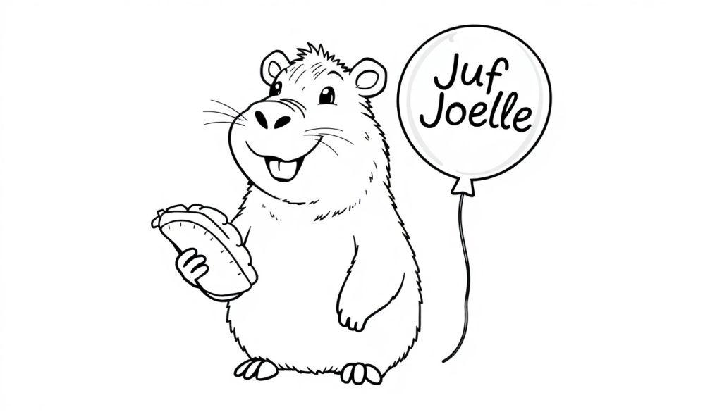 Kleurplaat van een vrolijke bever met een hotdog en een ballon voor Juf Joelle.
