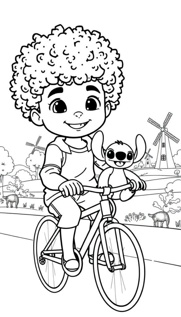 Kleurplaat: Luan rijdt op een fiets met Stitch, windmolens en schapen op de achtergrond.