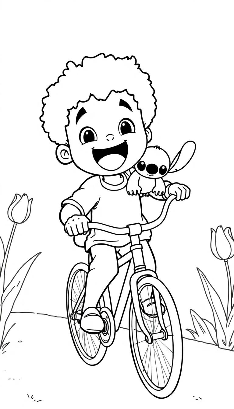 Luan rijdt op een fiets met Stitch, een kleurplaat!