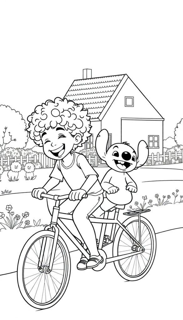 Kleurplaat van Luan en Stitch die samen fietsen in Nederland.