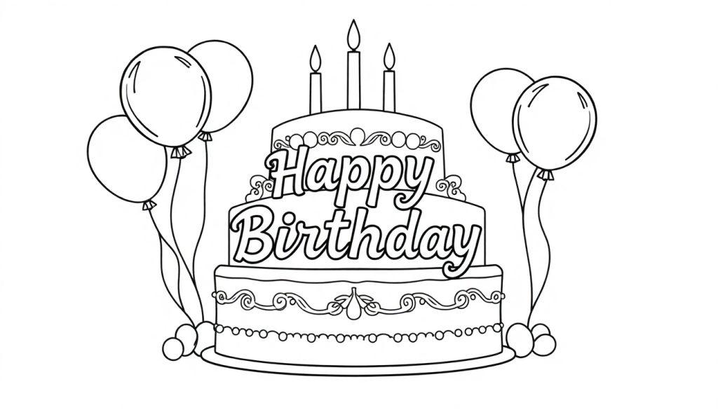 Kleurplaat van een drielaagse verjaardagstaart met 'Happy Birthday' en ballonnen.