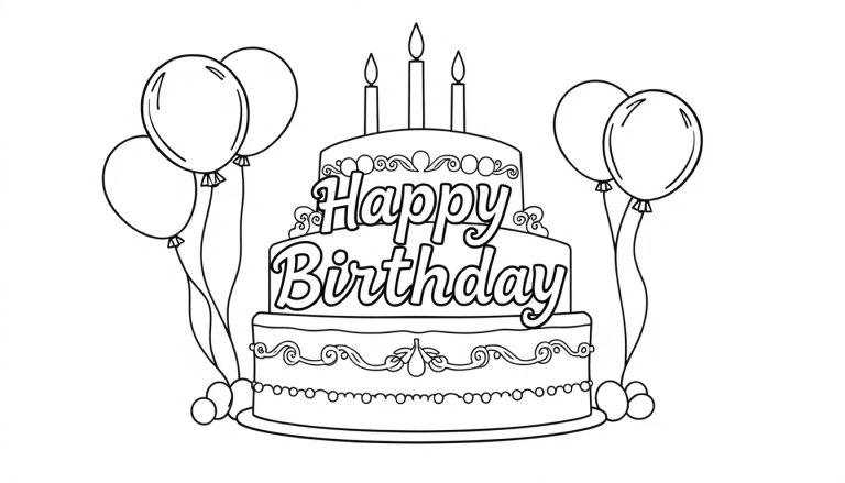 Kleurplaat van een drielaagse verjaardagstaart met 'Happy Birthday' en ballonnen.