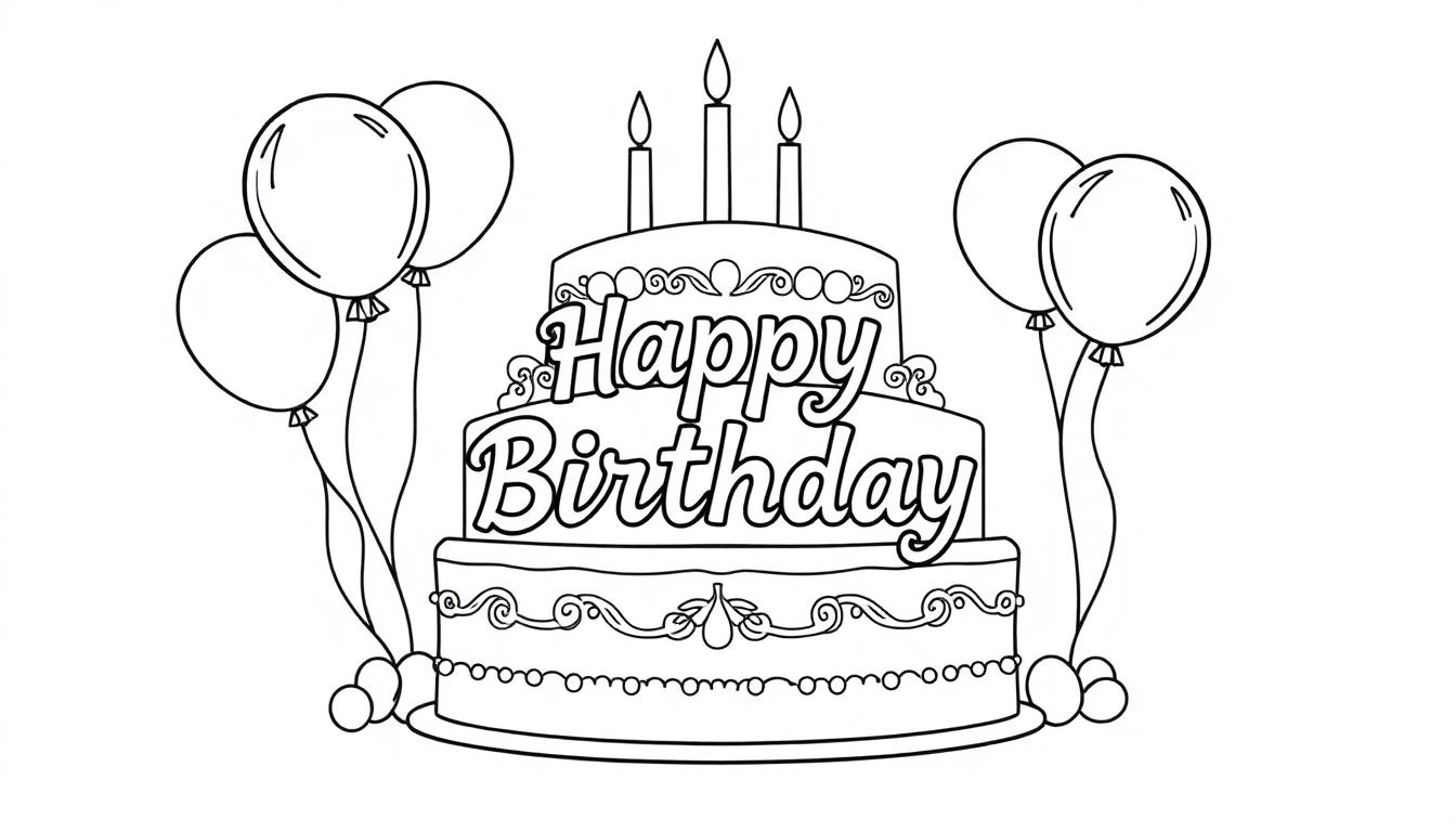 Kleurplaat van een drielaagse verjaardagstaart met 'Happy Birthday' en ballonnen.