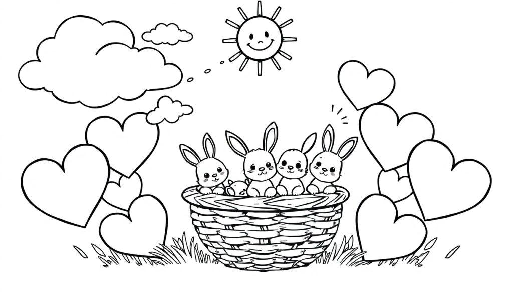 Zwart-wit kleurplaat van schattige baby konijntjes in een mandje omringd door hartjes, met een lachende zon en wolken boven gras.
