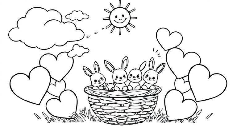 Zwart-wit kleurplaat van schattige baby konijntjes in een mandje omringd door hartjes, met een lachende zon en wolken boven gras.