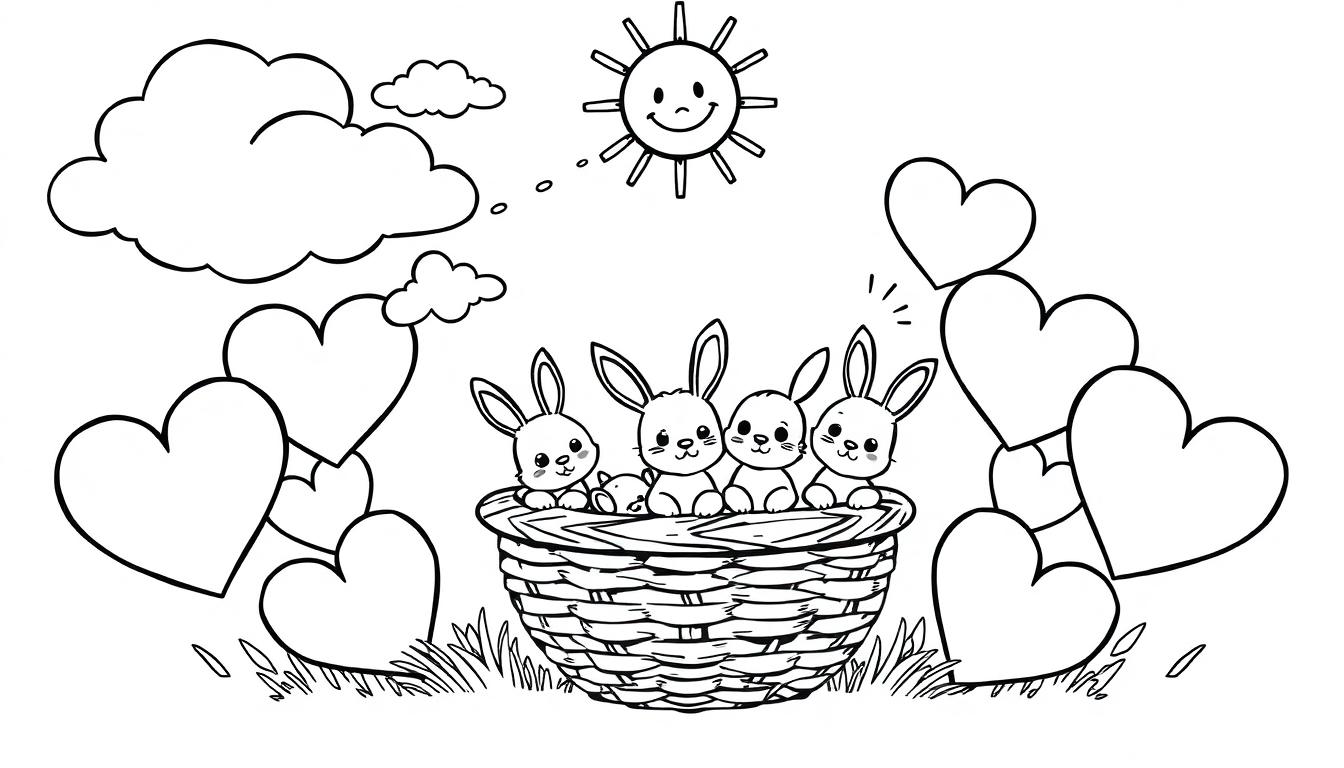 Zwart-wit kleurplaat van schattige baby konijntjes in een mandje omringd door hartjes, met een lachende zon en wolken boven gras.