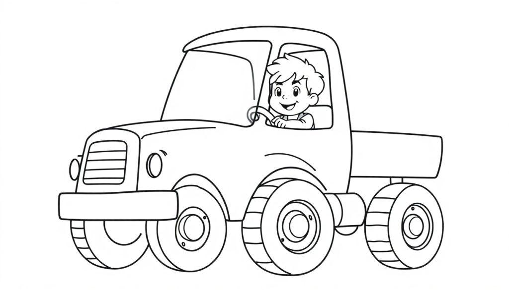 Kleurplaat van een lachend kind achter het stuur van een stoere vrachtwagen met een neus.