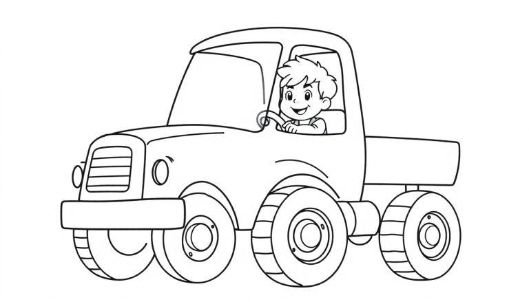 Kleurplaat van een lachend kind achter het stuur van een stoere vrachtwagen met een neus.