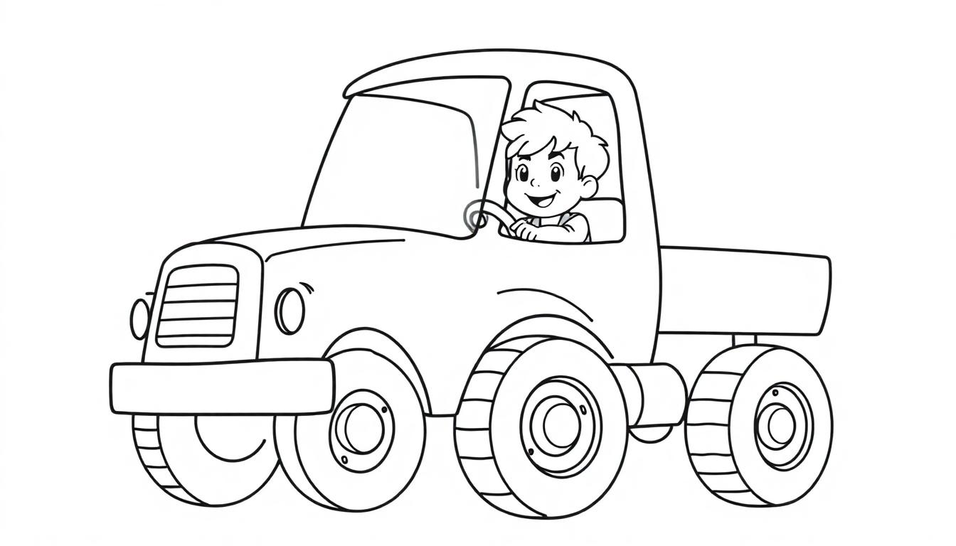 Kleurplaat van een lachend kind achter het stuur van een stoere vrachtwagen met een neus.