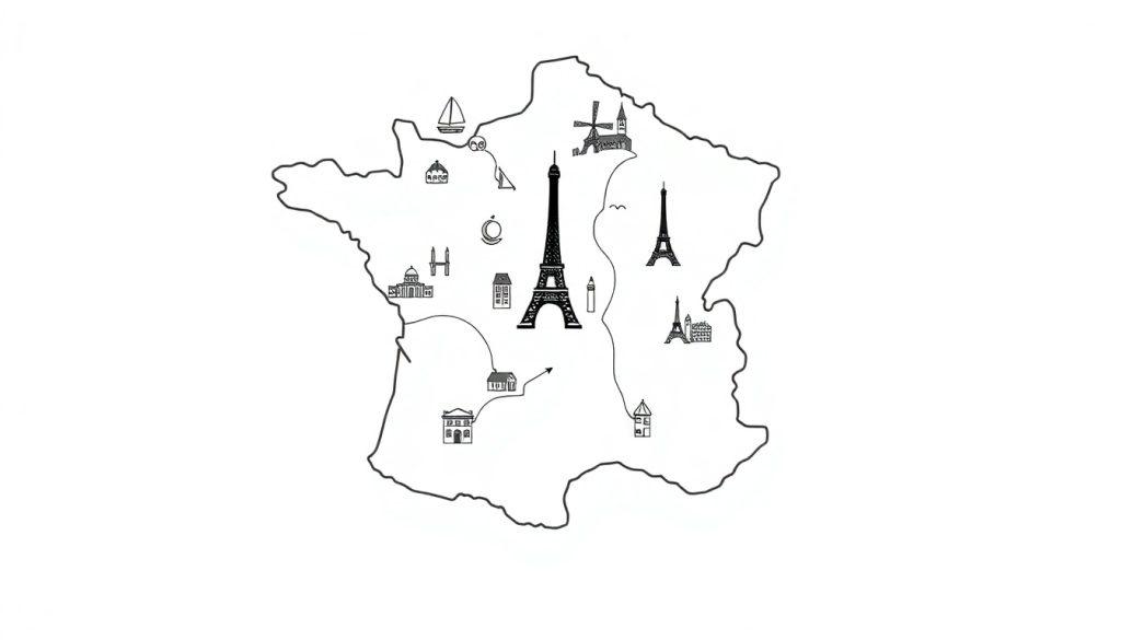 Kleurplaat landkaart van Frankrijk met de Eiffeltoren.