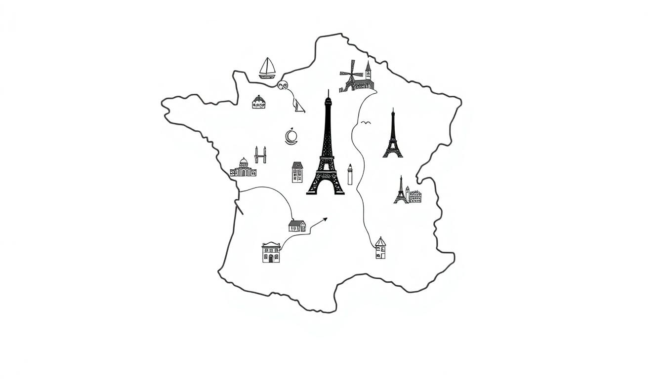 Kleurplaat landkaart van Frankrijk met de Eiffeltoren.