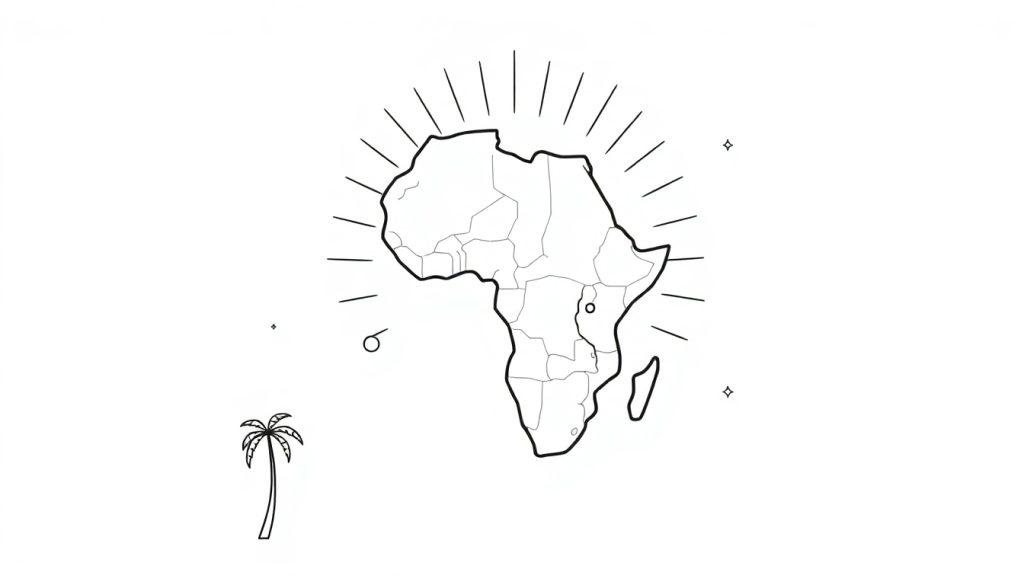 Een zwart-witte kleurplaat van de kaart van Afrika met zonnestralen en versieringen.