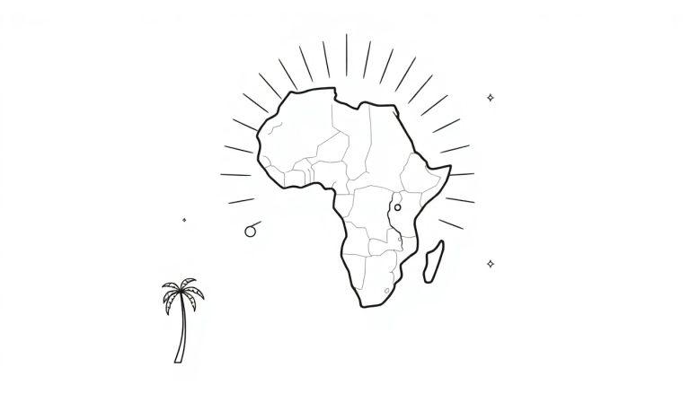 Een zwart-witte kleurplaat van de kaart van Afrika met zonnestralen en versieringen.