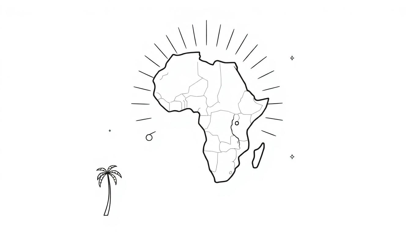Een zwart-witte kleurplaat van de kaart van Afrika met zonnestralen en versieringen.