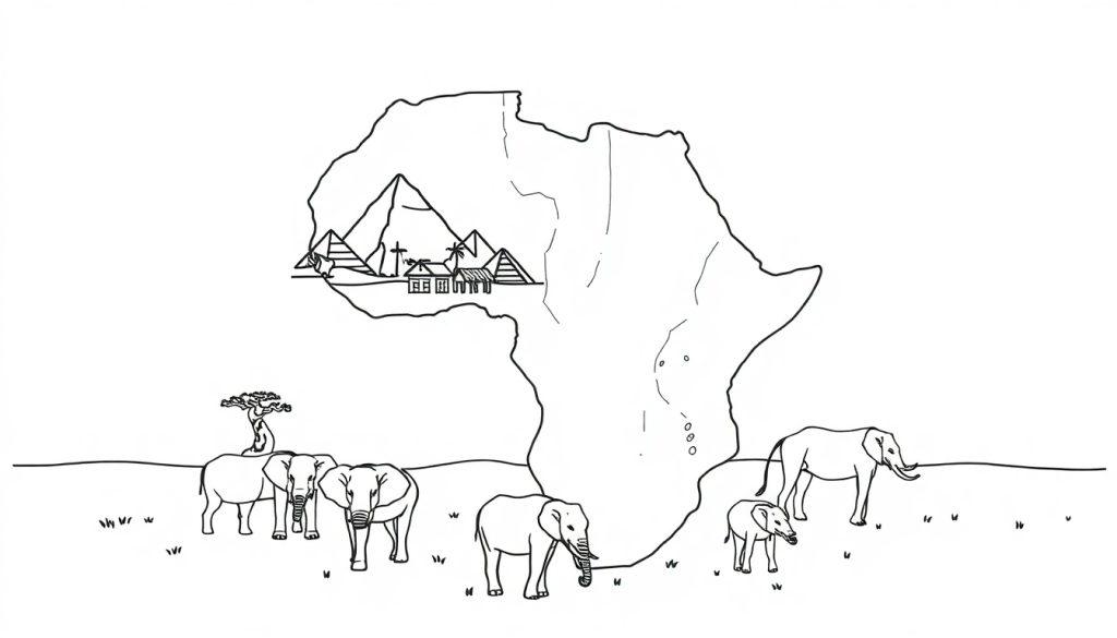 Kleurplaat van de landkaart van Afrika met olifanten en piramides.