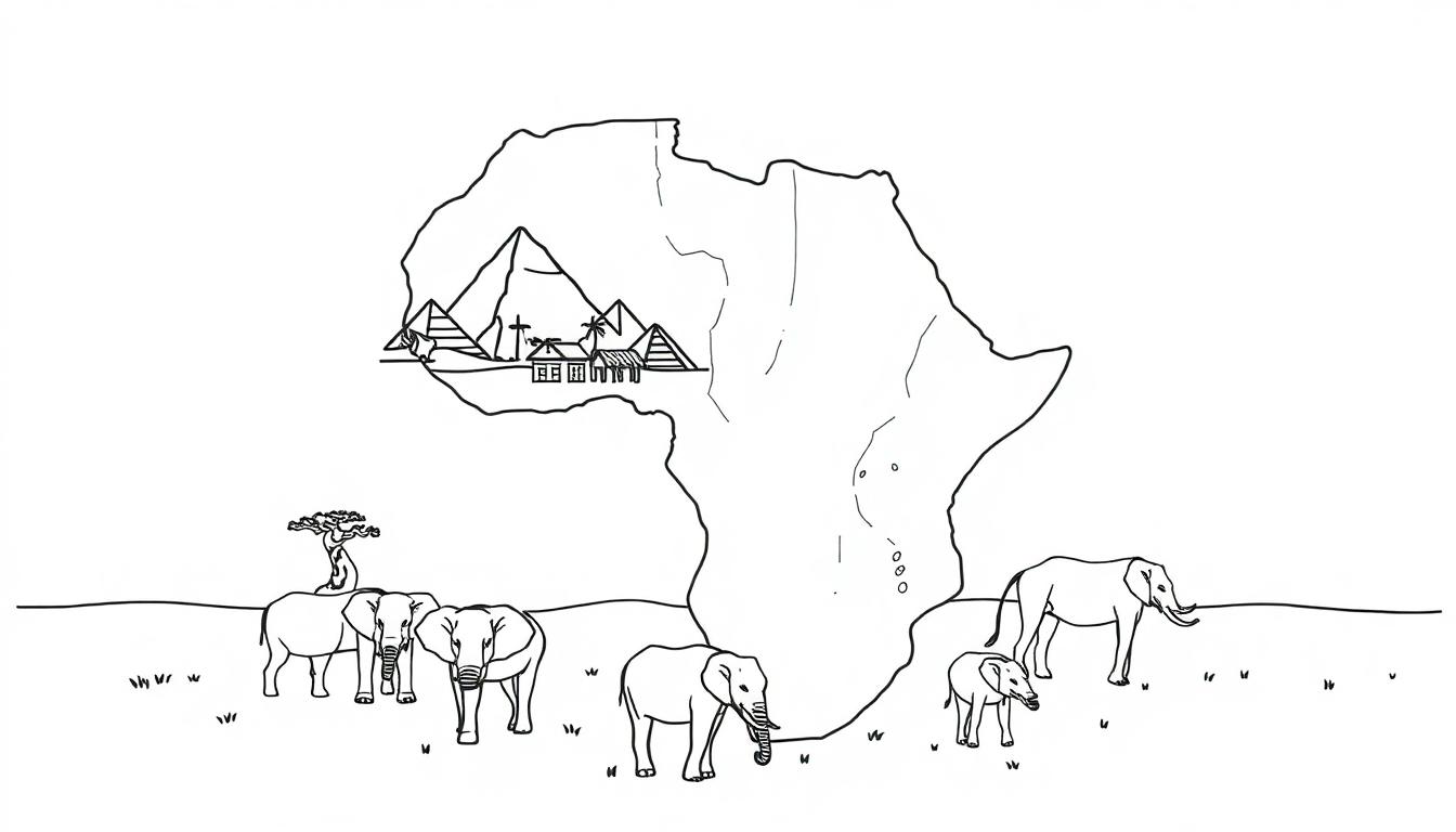 Kleurplaat van de landkaart van Afrika met olifanten en piramides.
