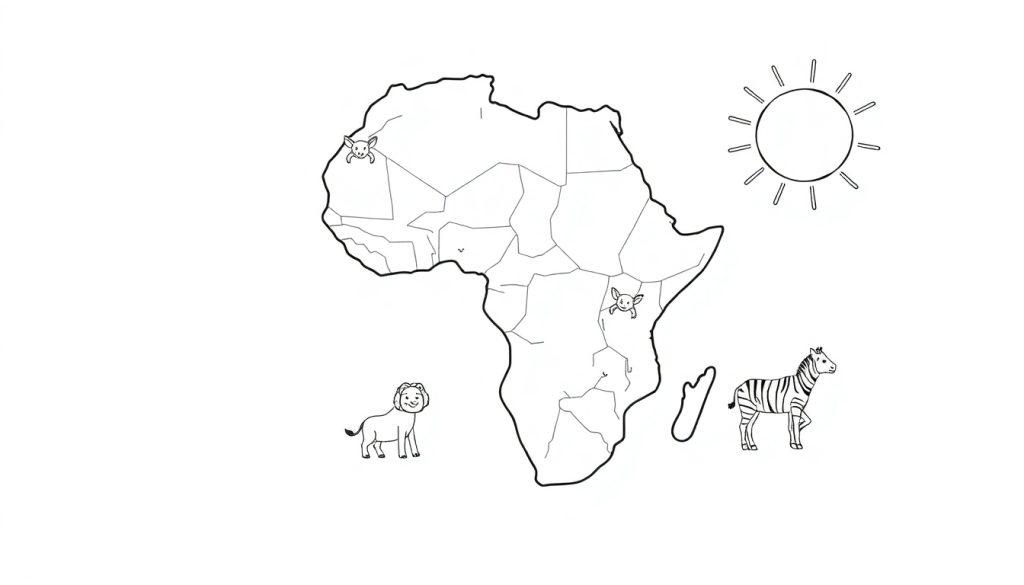 Een zwart-wit kleurplaat van de kaart van Afrika met dieren.
