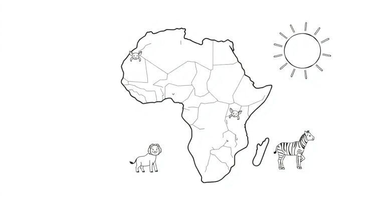 Een zwart-wit kleurplaat van de kaart van Afrika met dieren.