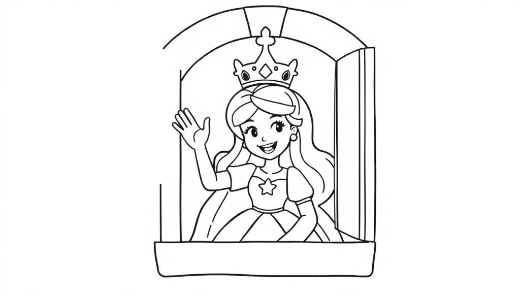 Kleurplaat van een prinses die uit een kasteelraam zwaait.