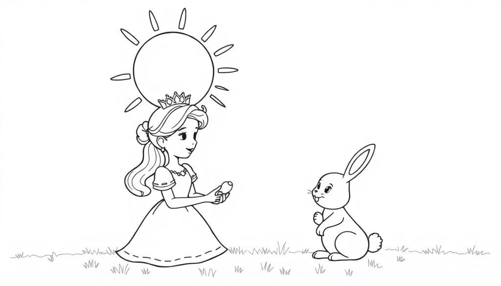 Zwart-witte kleurplaat van een prinses met een konijn.